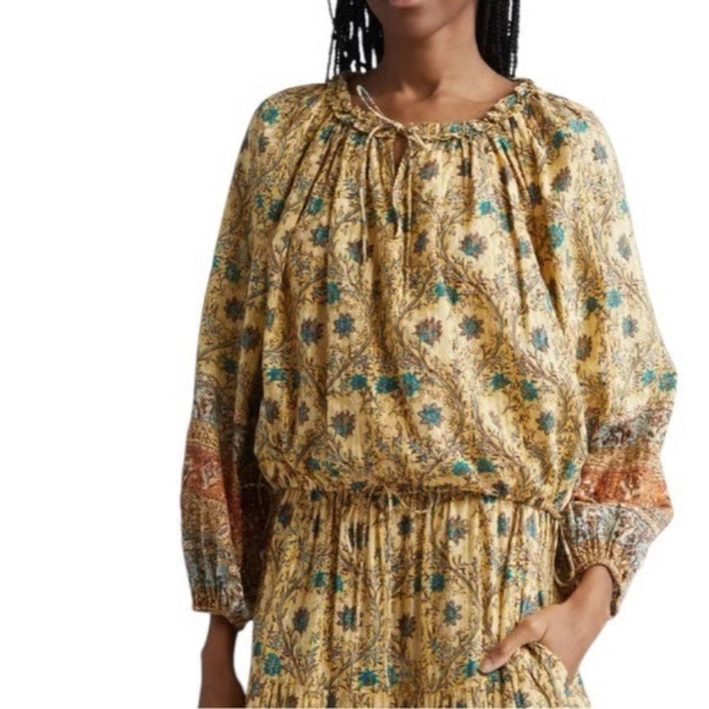 Ulla Johnson Yellow Floral Peasant Blouse with Teal Accents